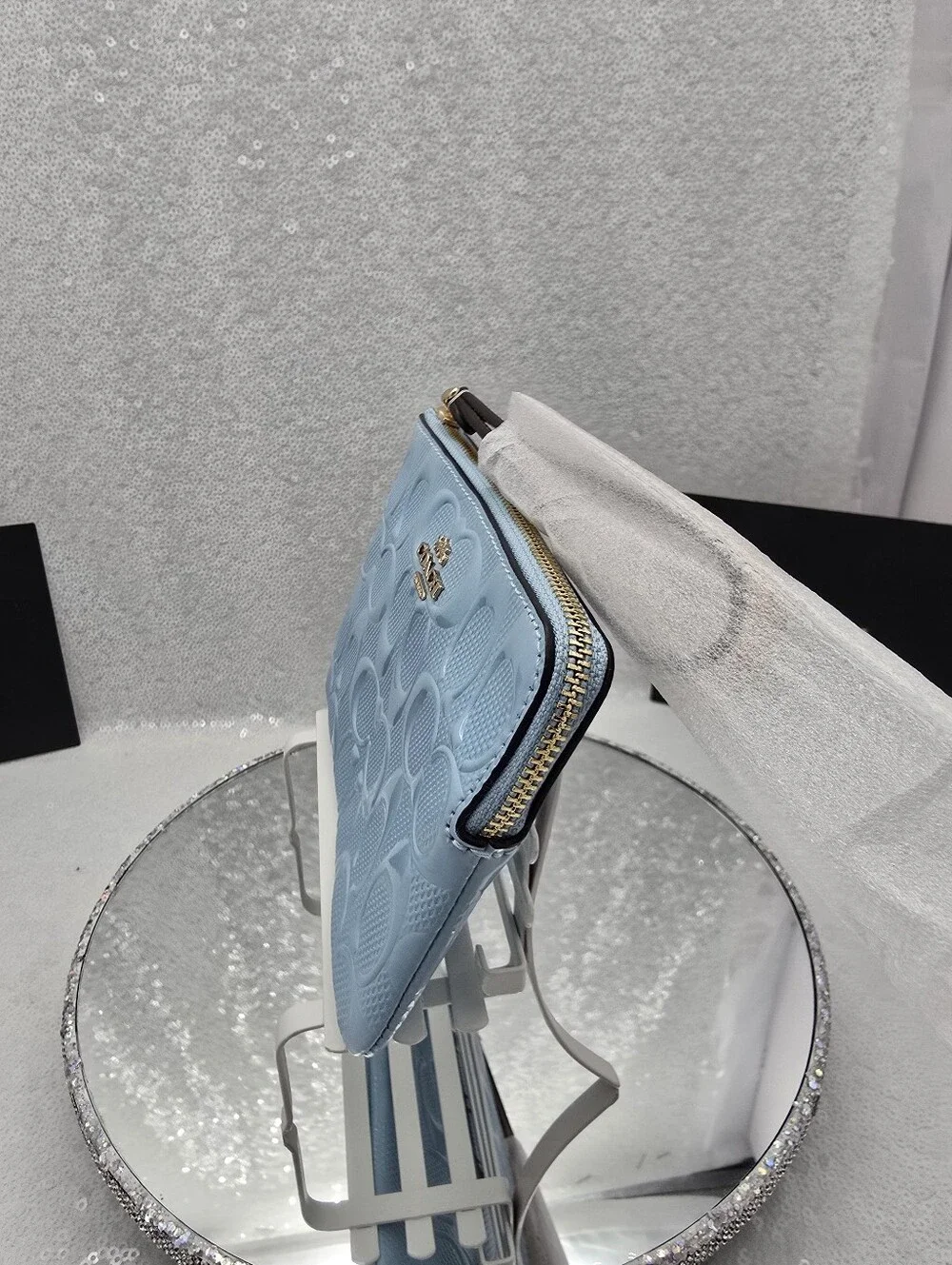 Coach Light Blue Pearlized Signature Patent Leather Wristlet Pouch